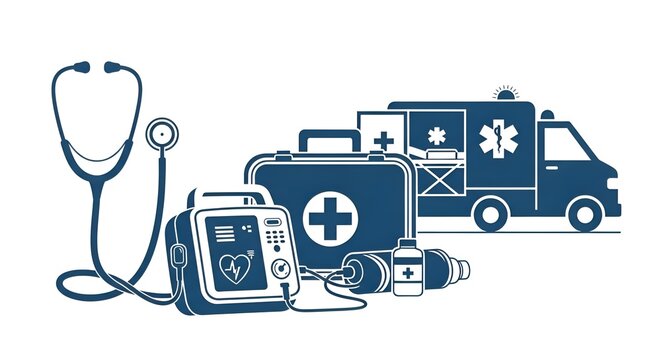 Medical Emergency Equipment: Stethoscope, Defibrillator, First Aid Kit, Ambulance