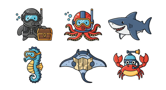Underwater creatures and scuba diver cartoon illustrations set