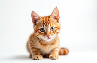 Obraz premium Small ginger kitten sits looking forward. Adorable orange tabby cat with green eyes and soft fur poses for a studio portrait. Young domestic animal is very cute.