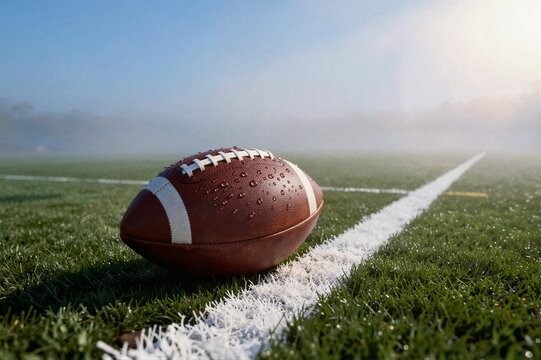 An American football with water droplets sits on the white yard line of a green field during a foggy morning practice session.