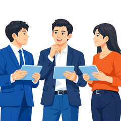 Fototapeta premium Diverse Business Team Collaborating with Digital Tablets in Modern Office isolated on transparent Background. Professional Colleagues Discussing Corporate Strategy and Project Planning.