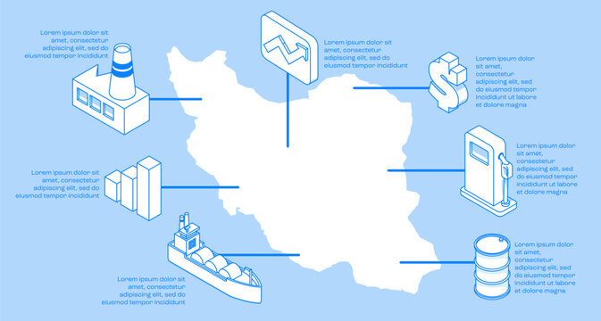Iran oil industry map with isometric energy infrastructure icons illustrating petroleum production, tanker transport, refinery activity and global energy economyWeb
