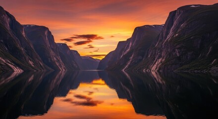 Fototapeta premium Majestic Fjord Landscape with Steep Mountains Plunging into Calm Waters at Sunset
