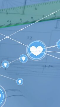 Pulsing central blue HUD heart initiating lightbulb, pin nodes drawing white lines over plan ruler