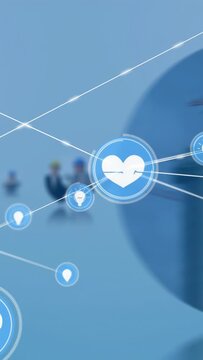 Vertical video: Heart icon pulsing net, showing helmeted team drawing plans, leader guiding project