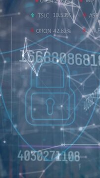 Vertical video: Centered lock on security HUD, incoming nodes forming mesh and numbers flickering
