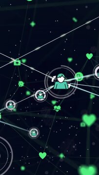Vertical video: central healthcare avatar pulsing, linking heart pill icons into care network