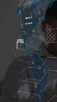 Vertical video: man holding phone to ear activating blue tech map over torso updating regional data
