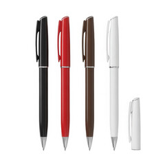 Fototapeta premium Four colorful pens in different colors side by side isolated on transparent background