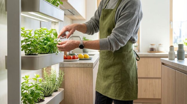 Man harvesting fresh herbs from indoor hydroponic garden system in modern kitchen, smart farming technology at home, sustainable living and organic food, healthy lifestyle concept