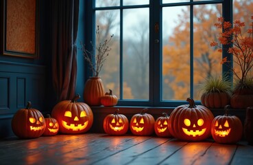Fototapeta premium Row of carved glowing pumpkins sit near window with autumn foliage view. Festive Halloween decor on wooden floor inside dark room. Seasonal orange gourds light up interior.