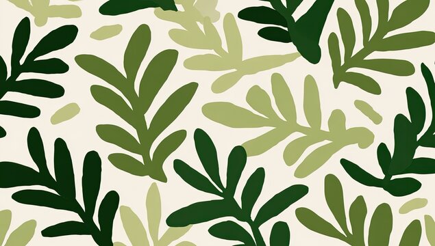 Green leaf pattern on beige background, illustration of foliage