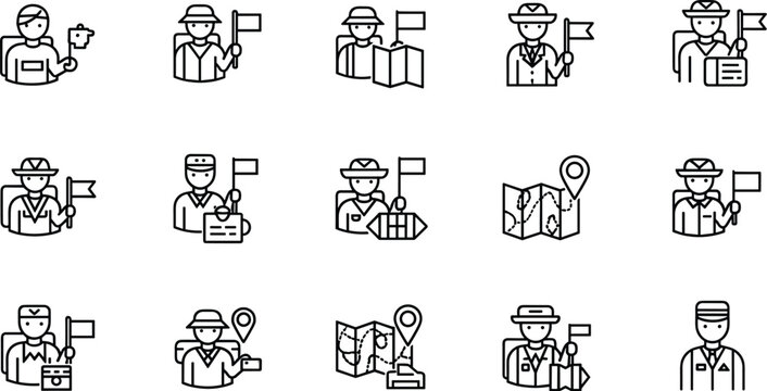 Tour Guide Icon Set Featuring Guides with Flags, Maps, and Tourist Assistance for Travel, Sightseeing, and Exploration Designs