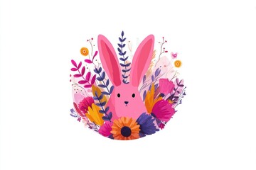 Fototapeta premium Pink Bunny Surrounded by Colorful Flowers and Leaves
