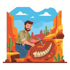 This captivating image depicts a paleontologist studying and excavating dinosaur fossils in a desert landscape, highlighting the scientific quest for understanding prehistoric life. © Zejun