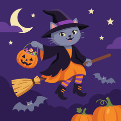 Fototapeta premium This playful image features a cute cat dressed as a witch, flying on a broomstick with a pumpkin basket, capturing the magical and whimsical spirit of Halloween festivities.