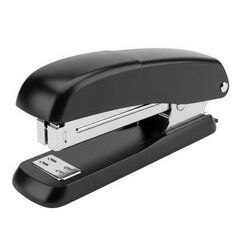 A black stapler with a metal staple isolated on transparent background