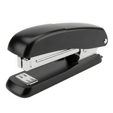 A black stapler with a metal staple isolated on transparent background
