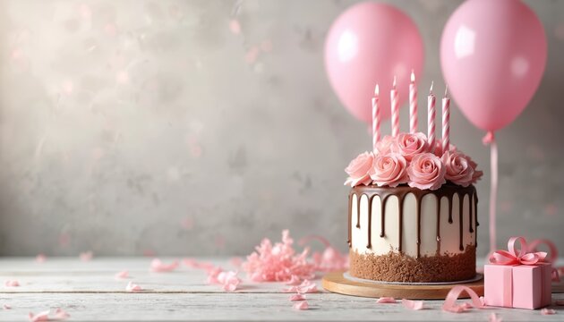 Sweet birthday cake with pink roses and candles sits near pink balloons and gift box. Festive celebration setting with decorations scattered on wooden table surface. Joyful party atmosphere.