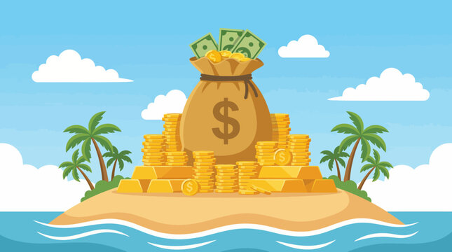 This vibrant illustration features a money bag overflowing with cash on an island surrounded by golden coins, symbolizing wealth, abundance, and financial freedom.
