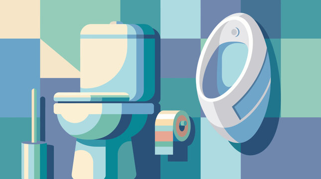 An artistic representation of a modern bathroom featuring a toilet and urinal against a backdrop of colorful tiles, creating a unique and playful approach to interior design.