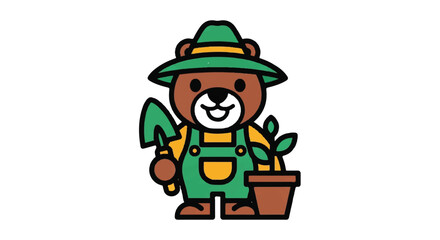 Obraz premium Cartoon bear gardener with tools and plant vector illustration