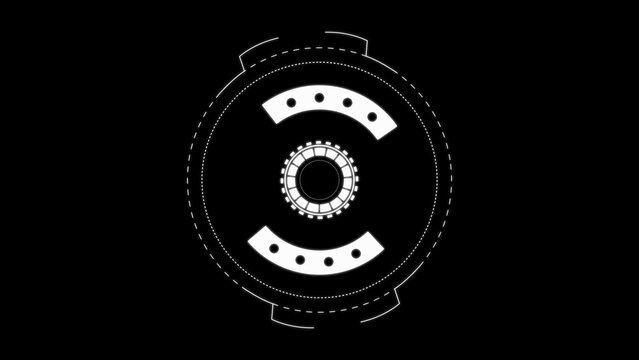 Black and white of a stylized atomic nucleus with orbiting electrons black background white atomic nucleus