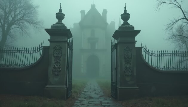 Foggy entrance to old manor house. Stone path leads to imposing gate and estate shrouded in mist. Eerie, spooky atmosphere perfect for horror stories or gothic themes.