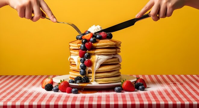 Fotograf&iacute;a de arte pop de comida.
 Mano femenina y panqueques dulces sobre mantel a cuadros aislados sobre fondo amarillo brillante.
 Estilo antiguo y retro.