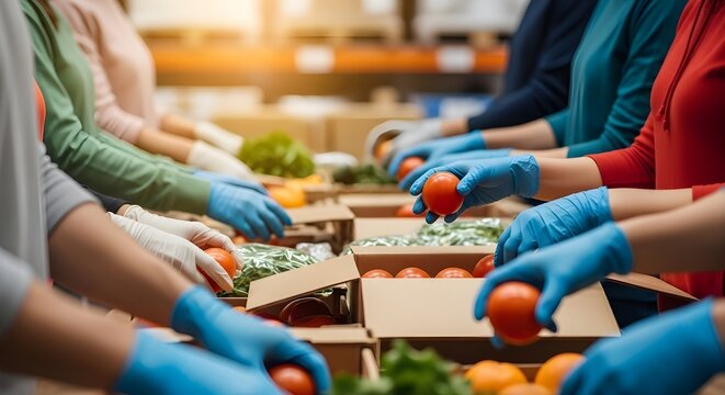 Fotograf&iacute;a vibrante del equipo trabajando en un banco de alimentos, clasificando tomates frescos y otros productos.
 El ambiente es colaborativo y centrado, mostrando el esfuerzo y la generosidad de l