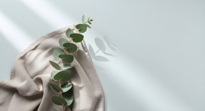 Toalla esponjosa enrollada y rama de eucalipto verde sobre fondo blanco.
 Estilo escandinavo minimalista.
 Higiene, bienestar, concepto de cuidado corporal.
 Copiar espacio, vista superior
