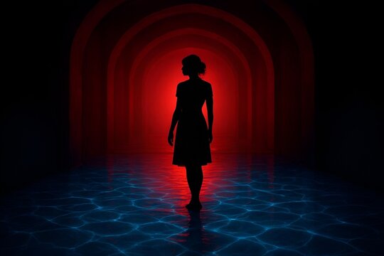 Silhouette of a Woman in a Vibrant Colorful Cosmic Red Circular Tunnel with Glowing Blue Light Water Reflections. Theater Image of the Atmosphere Mind. Reflection Room Behind the Scene AI Abstract Art