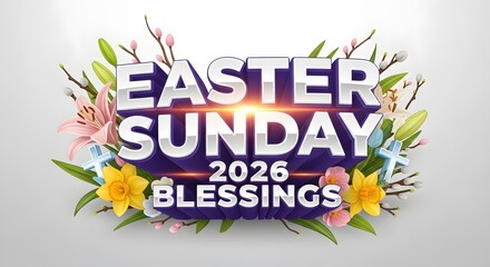 Obraz premium Easter sunday 2026 blessings 3d text with spring flowers and crosses