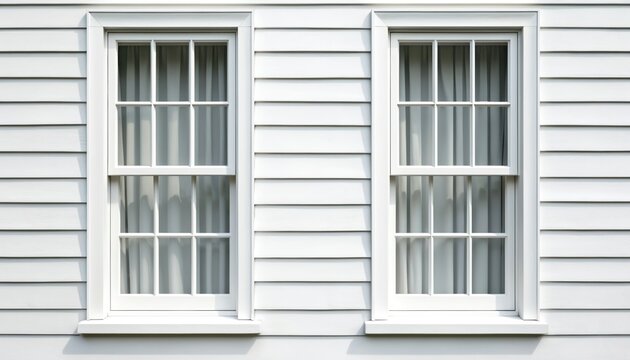 Two white double hung windows on a clapboard house exterior. Classic architectural detail with white trim framing the panes. Clean facade in bright daylight.