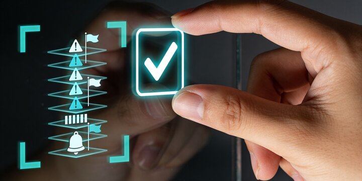 Human finger pressing digital approval check on glass panel with exception alert backlog for validation workflow compliance and risk review banner background