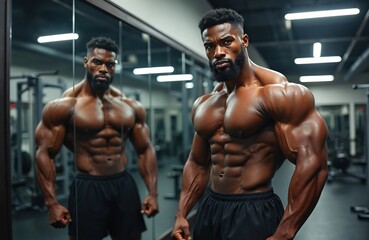 Fototapeta premium Muscular man poses in gym reflecting in mirror. Athletic build shows extreme muscle definition. Fitness center workout, strength training, body sculpting. Determined athlete focused on physique goals.