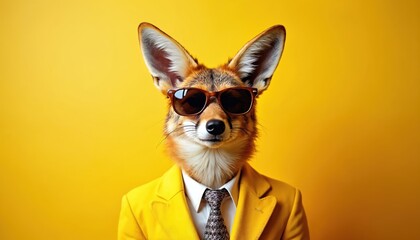 Fototapeta premium Fox wearing sunglasses, yellow suit stands against bright yellow background. Animal looks cool, stylish. Portrait playful, quirky representation of fashion, animals, perfect for creative projects.