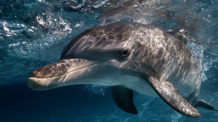 Fototapeta premium Playful Dolphin Swimming Gracefully in Clear Blue Ocean Water Under Reflections of Light and Bubbles