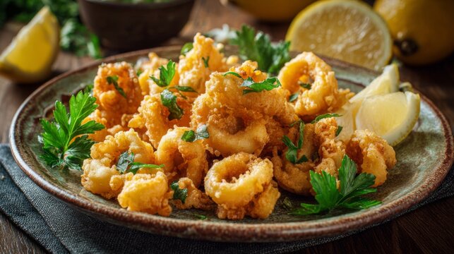 Crispy Fried Calamari with Fresh Parsley and Lemon Served on Rustic Wooden Table