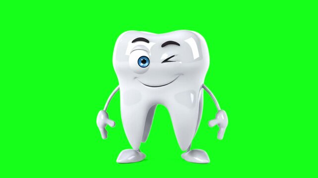 A vibrant white tooth character with a friendly wink and smile stands against a bright green chroma key background. This high-impact 3D mascot is designed to grab attention in dental commercials and e