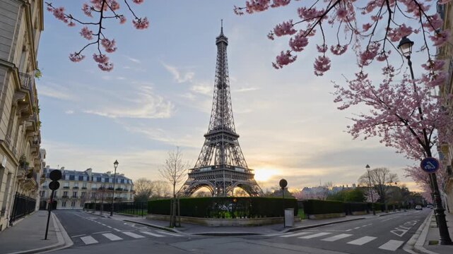 Eiffel Tower at sunset with cherry blossoms in Paris, France, European travel and landmarks