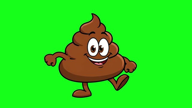 A cheerful 2D-style cartoon poop character stands across a vibrant green chroma key backdrop, broad smiling, with determined dancing stance and movement. This expressive, attention-grabbing animation 