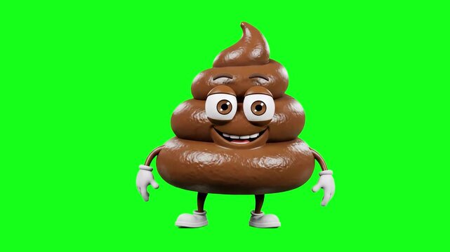 A stylized 3D rendered poop emoji character stands on a green chroma key background, wide smiling, winking, and performing a fun dance move. This universally recognized humorous mascot