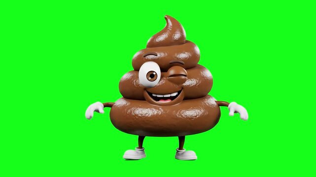 A stylized 3D rendered poop emoji character stands on a green chroma key background, wide smiling, winking, and performing a fun dance move. This universally recognized humorous mascot