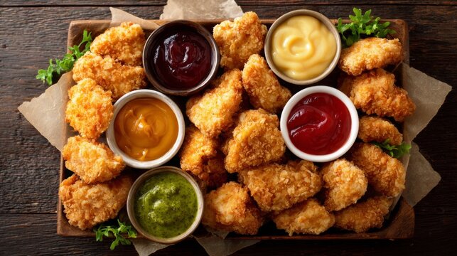 Golden Crispy Chicken Nuggets Arranged on a Wooden Platter with Variety of Dipping Sauces in Bowls