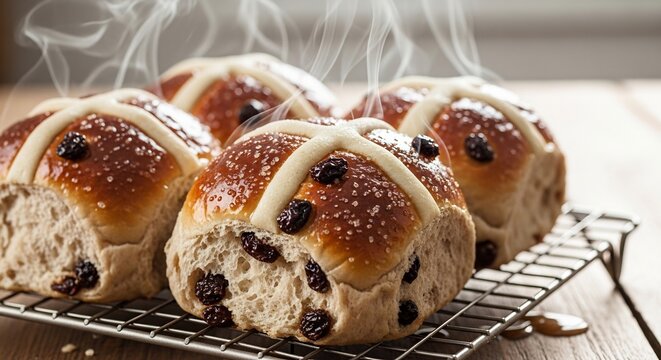 Steaming Hot Cross Buns Freshly Baked on a Cooling Rack.