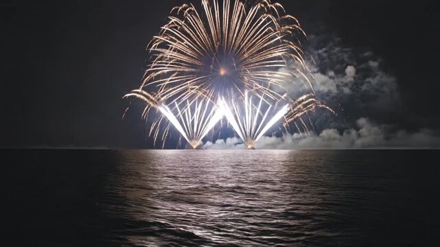 Fireworks exploding over water at night, vibrant display of orange and white sparks