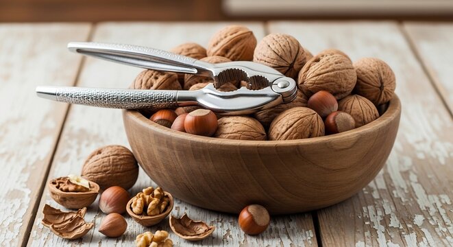 Bowl of Assorted Nuts with Nutcracker on Wooden Table.