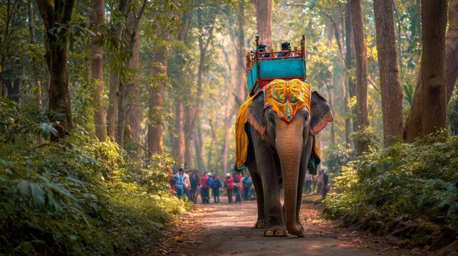 Majestic Elephant Walking Through Lush Green Forest Path with Tourists in Background Surrounded by Nature's Beauty