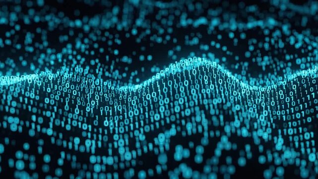 Dynamic wave of luminous binary code, illustrating the complex structure and movement of information in a digital realm, ideal for technology backgrounds and data visualization